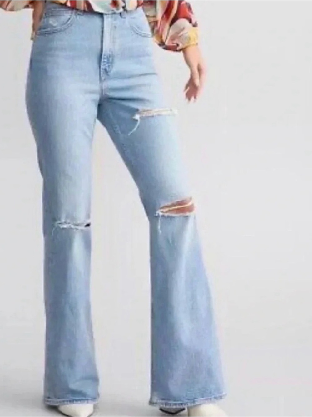 Light Blue Distressed Flare Jeans - Women